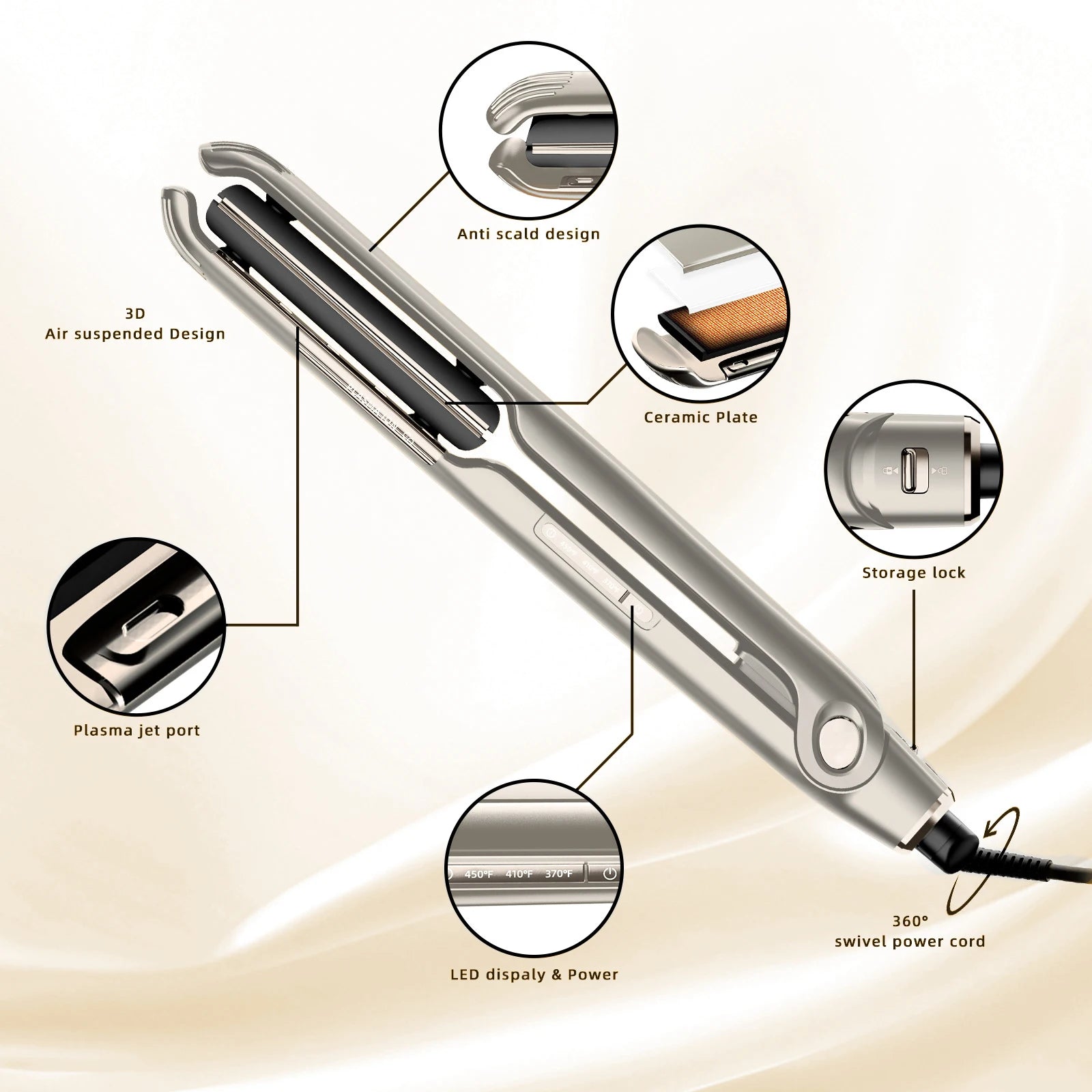 RUCHA Hair Straightener 450°F Plasma and Air Suspension Plate Flat Iron Anti-scald Smooth Frizz Hair Irons Dual Voltage